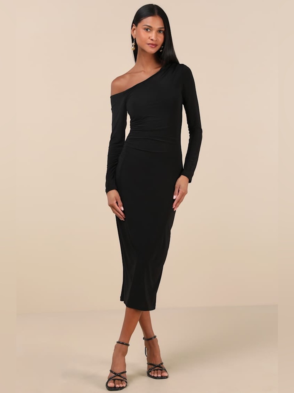 NWT Lulu’s Vanel Black Slinky Knit Asymmetrical Midi Dress XS